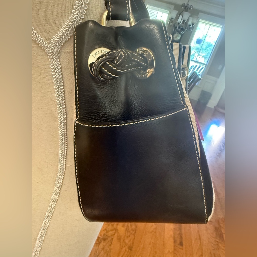 Kate Spade Striped Canvas Leather Hobo Bag Black White Drawstring Shoulder Tote - Picture 3 of 16